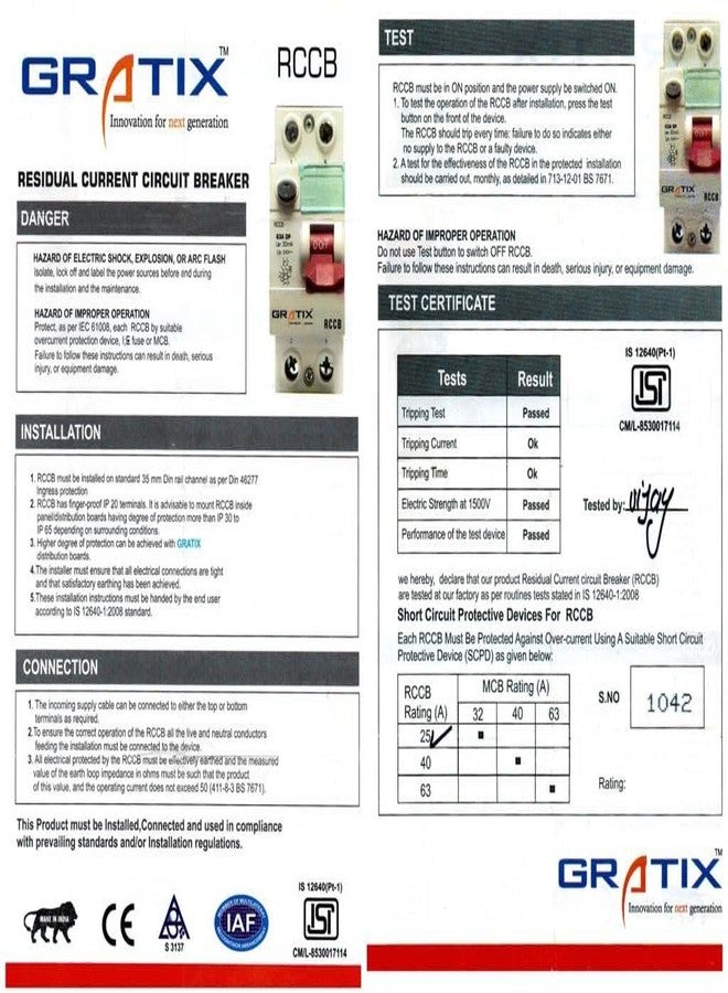 GRATIX 63 AMP PVC plastic 2 pole DP 30MA RCCB/ELCB single phase with ISI marked - Image 4